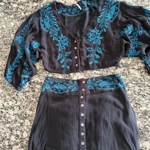 Free People Black and Blue Embroidered Top and Skirt set